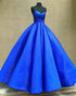 2018 Elegant Prom Dresses Royal Blue Satin Ruffles Ball Gowns with Spaghetti Straps